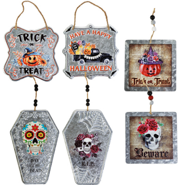 HALLOWEEN GALVANIZED SIGN 6 STYLES EMBOSSED/COFFIN/2 SIDED HLWN HANGTAG HALLOWEEN GALVANIZED SIGN 6 STYLES EMBOSSED/COFFIN/2 SIDED HLWN HANGTAG