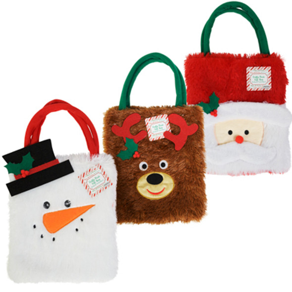 FLUFFY PLUSH GIFT BAG SANTA/REINDEER/SNOWMAN 11X9IN XMAS/HT FLUFFY PLUSH GIFT BAG SANTA/REINDEER/SNOWMAN 11X9IN XMAS/HT