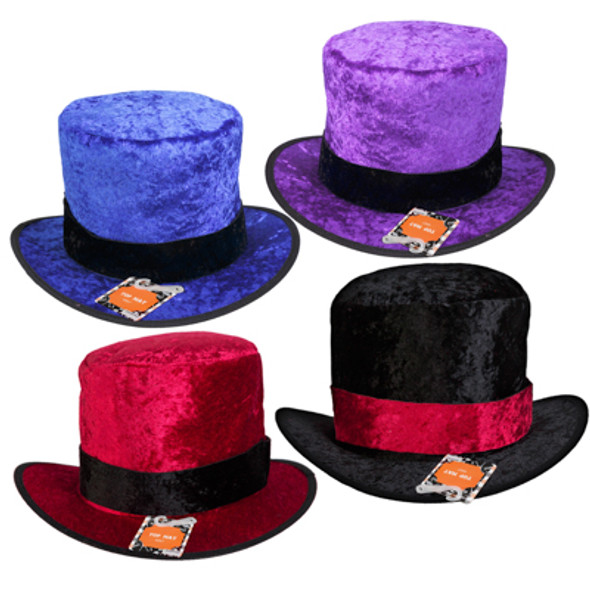 TOP HAT CRUSH VELVET 4AST BLACK/RED/PURPLE/BLUE MAGICIAN/VAMPIRE/STEAMPUNK HT/JHOOK