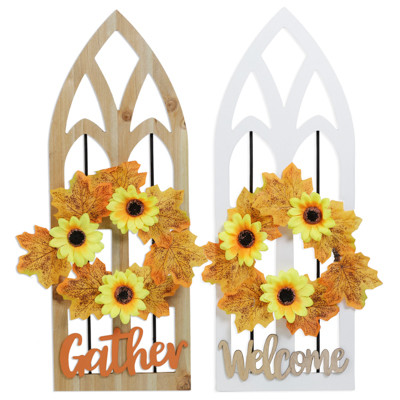 HARVEST CATHEDRAL ARCH WINDOW WALL DECOR W/WREATH & GREETING 21.7H x 7.9 IN W