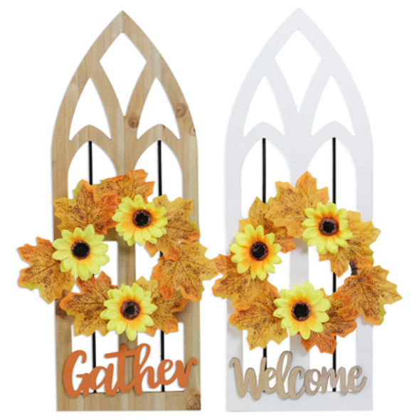 HARVEST CATHEDRAL ARCH WINDOW WALL DECOR W/WREATH & GREETING 21.7H x 7.9 IN W
