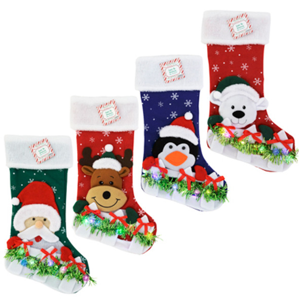 STOCKING 18IN LIGHT UP 4AST 3D CHRISTMAS ICONS W/TINSEL JHOOK/HT STOCKING 18IN LIGHT UP 4AST 3D CHRISTMAS ICONS W/TINSEL JHOOK/HT