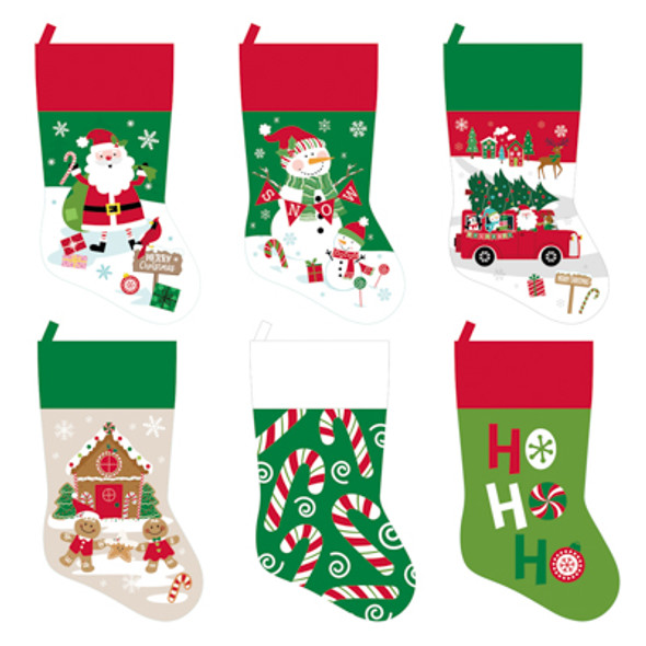 STOCKING FELT 18IN PRINTED 6AST TRADITIONAL STYLES RED/GRN XMAS HT/JHOOK