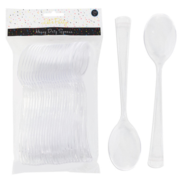 CUTLERY PLASTIC 24CT SPOONS CLEAR HEAVY DUTY PARTY PRINTED OPP BAG