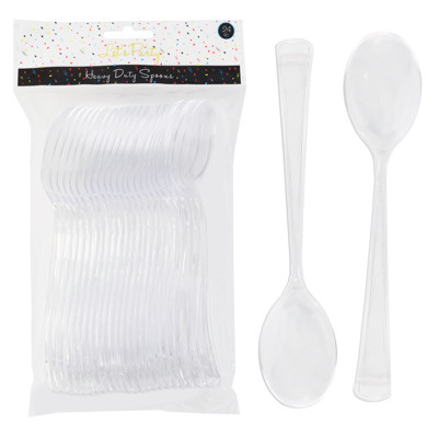 CUTLERY PLASTIC 24CT SPOONS CLEAR HEAVY DUTY PARTY PRINTED OPP BAG