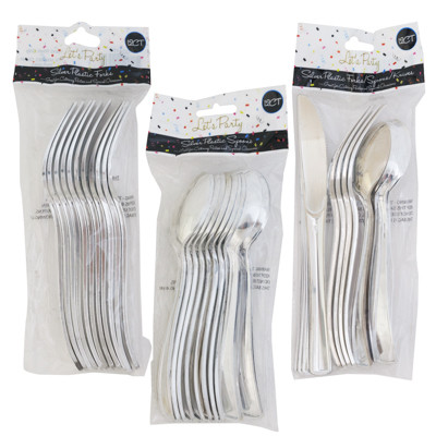 CUTLERY 12PC PLASTIC SILVER 3ASST SOLID SPOONS/SOLID FORKS/12PC MIX PACK PRINTED OPPBAG