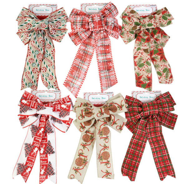 DELUXE WREATH BOW 6 ASST. XMAS PRINTS 7-LOOP 9X14 WIRED XM TCD