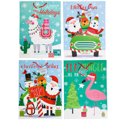 GIFT BAG XL CHRISTMAS 4 ASSORTED 13 X 18 X 5 WHIMSICAL CHARACTERS