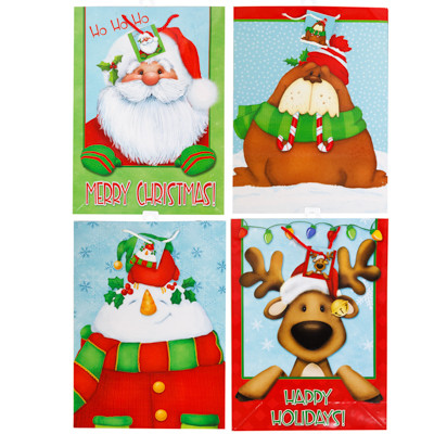 GIFT BAG XL CHRISTMAS 4 ASSORTED 13 X 18 X 5 CHARACTER FACE
