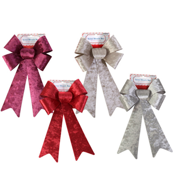 VELVET WREATH BOW 8.25 X 14.75 4AST COLORS 4 LOOP RED/WINE/SILVER/CHAMPAGNE