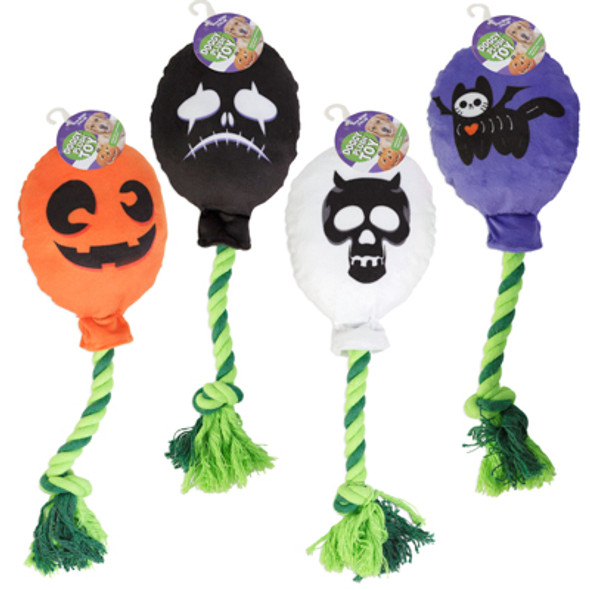 DOG TOY HALLOWEEN PLUSH W/ROPE & SQUEAKER 4 ASSORTED DESIGNS HANG TAG REF #P33799 COUNTER DISPLAY