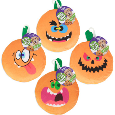 DOG TOY PUMPKIN HALLOWEEN SQUEAKER 4 ASSORTED FACE DESIGNS REF #P33800 COUNTER DISPLAY