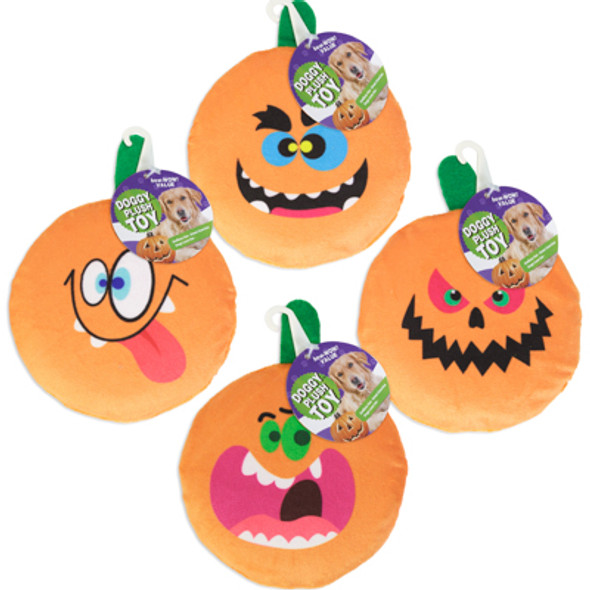 DOG TOY PUMPKIN HALLOWEEN SQUEAKER 4 ASSORTED FACE DESIGNS REF #P33800 COUNTER DISPLAY