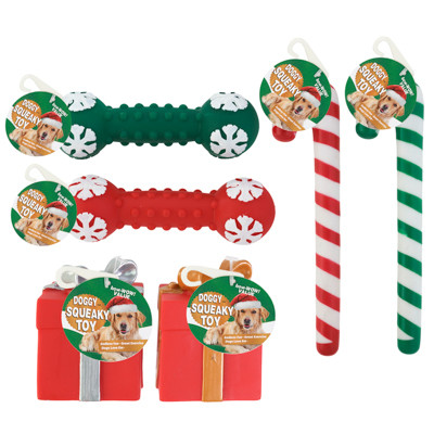 DOG TOY CHRISTMAS VINYL W/SQUEAKER ASST DESIGN AND COLORS IN PDQ REF #S20064