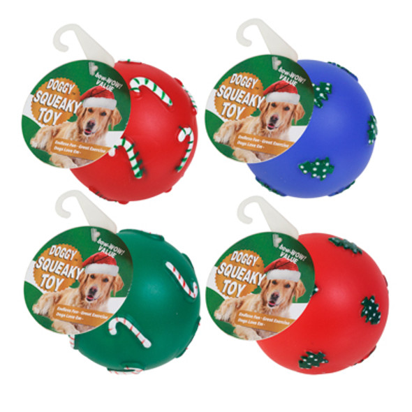 DOG TOY CHRISTMAS BALL VINYL 4 ASSORTED COLORS REF #S20071 COUNTER DISPLAY