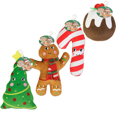DOG TOY CHRISTMAS PLUSH W/SQUEAKER 4 ASSORTED DESIGN IN PDQ REF #P44505