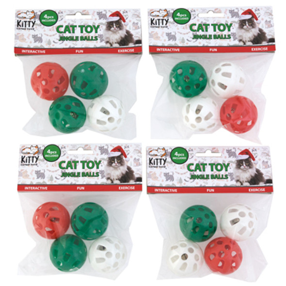 CAT TOY CHRISTMAS LATTICE BALLS 4PK ASSORTED ON CHAIN MERCH STRIP