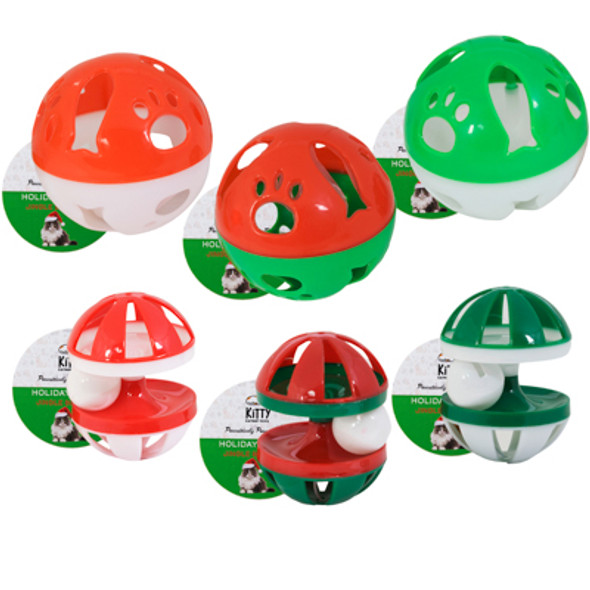 CAT TOY CHRISTMAS 2 STYLES - 4 INCH BALL WITH BELL, CYLINDER WITH BELL IN PDQ