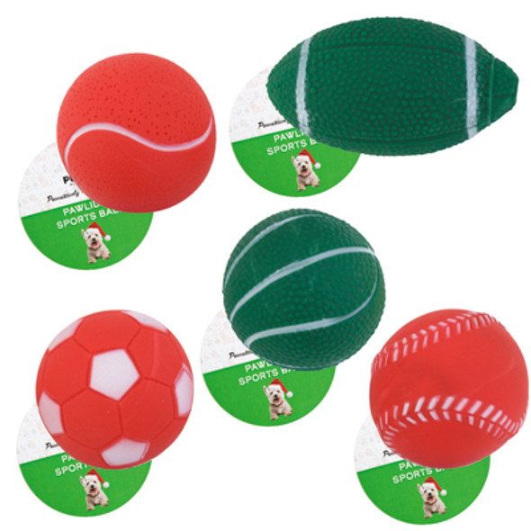 DOG TOY CHRISTMAS VINYL SPORTS BALL 5 ASSORTED IN PDQ