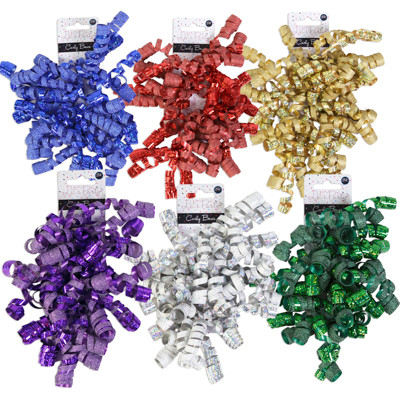 GIFT BOW CURLY 2PK SOLID COLOR DUAL FINISH HOLOGRAPH/GLITTER 6ASST COLORS