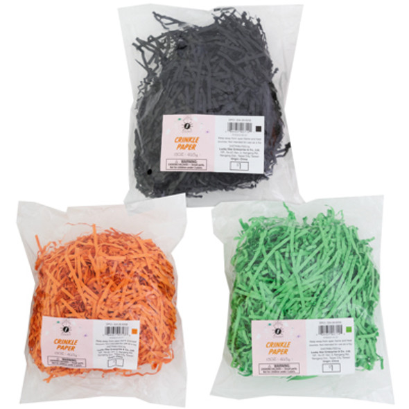 CRINKLE PAPER 15 OZ ASSORTED ORANGE, BLACK GREEN PP $1 CRINKLE PAPER 15 OZ ASSORTED ORANGE, BLACK GREEN PP $1