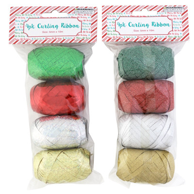 CURLING RIBBON EGG 4PK XMAS COLORS ASST GLITTER/HOLOG FINISH 10M ROLLS XM PBH