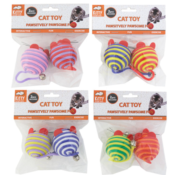 CAT TOY MOUSE BALL WITH BELL TAIL 2PK ASSORTED COLORS ON CHAIN MERCH STRIP