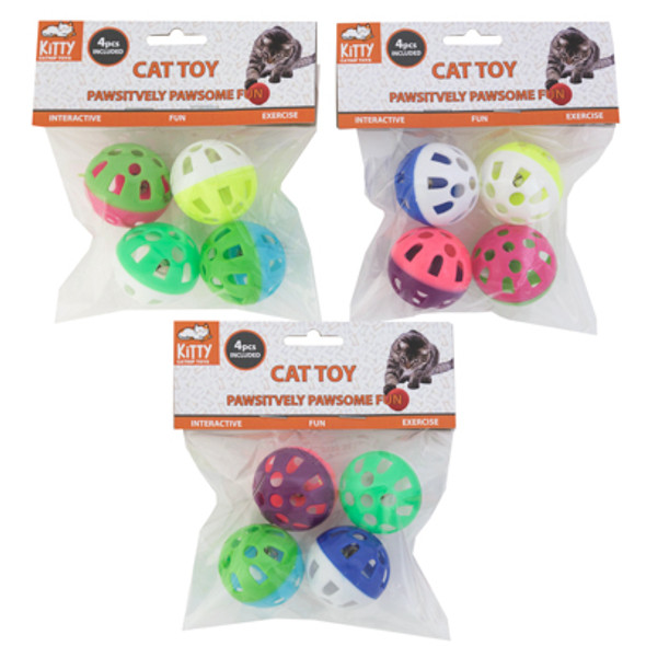 CAT TOY LATICE BALLS PLASTIC WITH BELL 4PK ASSORTED ON CHAIN MERCH STRIP