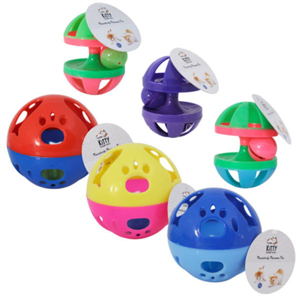 CAT TOY 2 ASSORTED STYLES 4 INCH PLASTIC BALL WITH BELL, CYLINDER WITH BALL IN PDQ