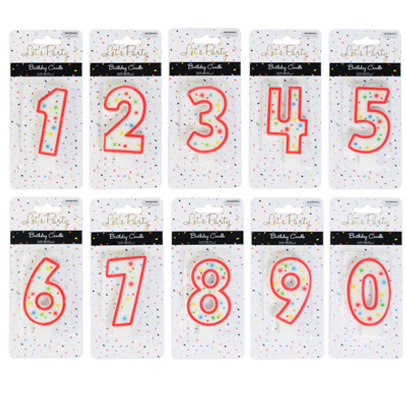 BIRTHDAY CANDLE NUMBER 0-9 GLITTERED RED OUTLINING MULTICOLORED STARBURST ACCENT 3.25IN