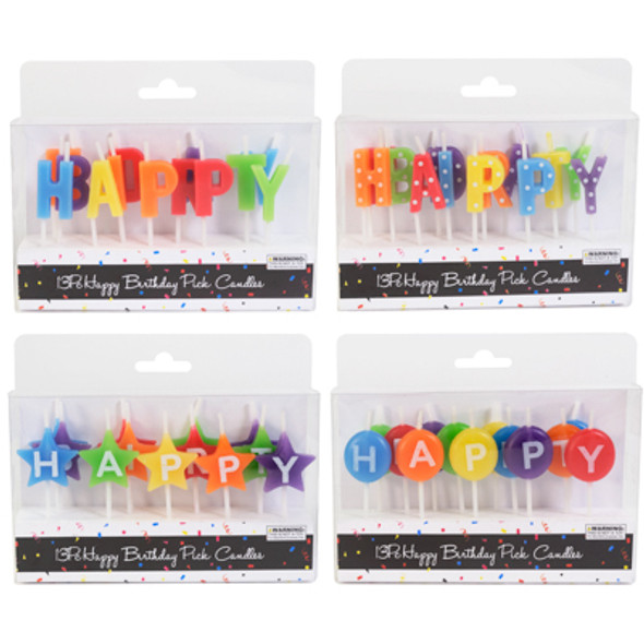 BIRTHDAY CANDLE 13PC PICK HAPPY BIRTHDAY 4 ASST STAR/BALL/DOT/BLOCK LETTERS BIRTHDAY CANDLE 13PC PICK HAPPY BIRTHDAY 4 ASST STAR/BALL/DOT/BLOCK LETTERS
