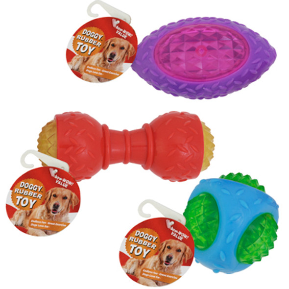DOG TOY RUBBER PLAY ASSORTMENT BALL, FOOTBALL, DUMBBELL IN PDQ #GT22340 DOG TOY RUBBER PLAY ASSORTMENT BALL, FOOTBALL, DUMBBELL IN PDQ #GT22340