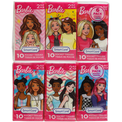 POCKET TISSUE 6PK BARBIE 2PLY - 10CT WHITE