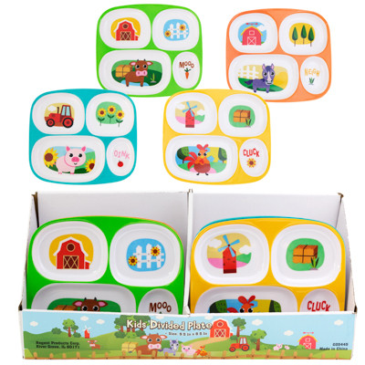 DINNERWARE KIDS MELAMINE 4 SECTION PLATE FARM ANIMAL THEME 4ASST 48PC PDQ/COLOR LABEL