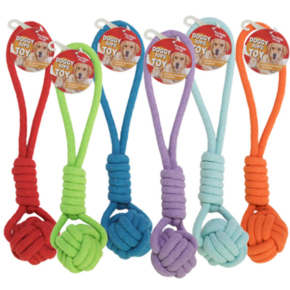 DOG TOY ROPE TUG BALL CHEW 14 INCH 6 ASSORTED COLORS IN PDQ REF #C26976 DOG TOY ROPE TUG BALL CHEW 14 INCH 6 ASSORTED COLORS IN PDQ REF #C26976
