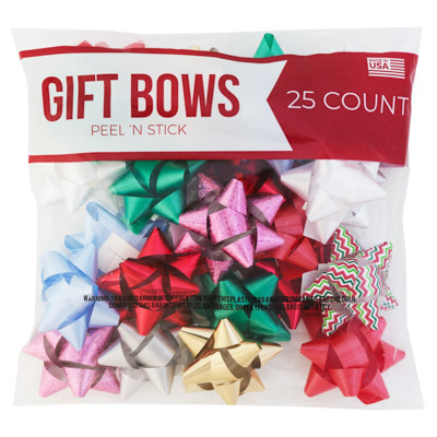 BOWS CHRISTMAS 25CT PEEL N STICK ASSORTED COLORS PRINTED POLY BAG