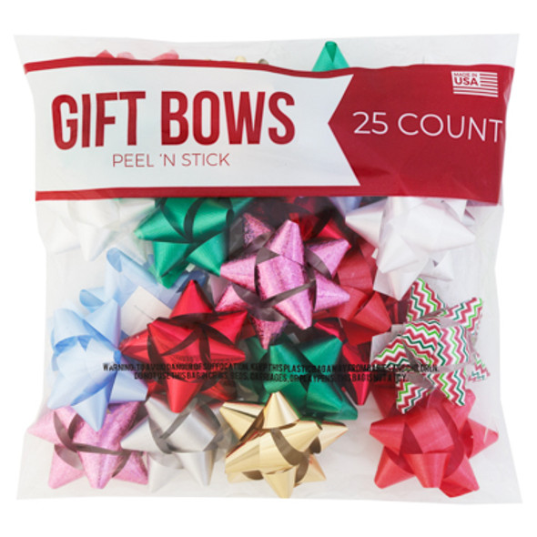 BOWS CHRISTMAS 25CT PEEL N STICK ASSORTED COLORS PRINTED POLY BAG