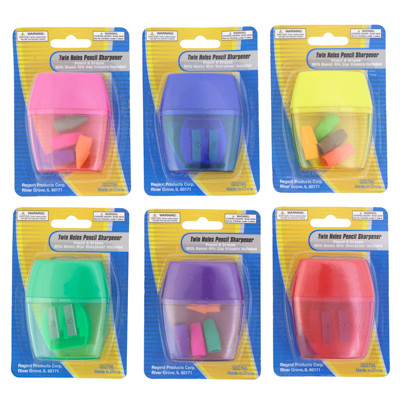 PENCIL SHARPENER TWIN HOLE W/BONUS 4PC CAP ERASER OR MINI SHARPENER AST CLRS/BLC