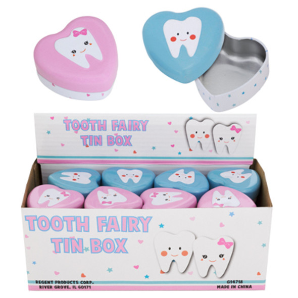 TOOTH FAIRY TIN BOX HEART SHAPE 1.72 X 1.73IN 2AST PINK/BLUE IN 24PC PDQ