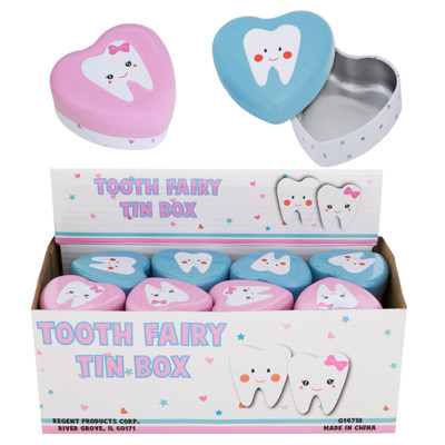 TOOTH FAIRY TIN BOX HEART SHAPE 1.72 X 1.73IN 2AST PINK/BLUE IN 24PC PDQ