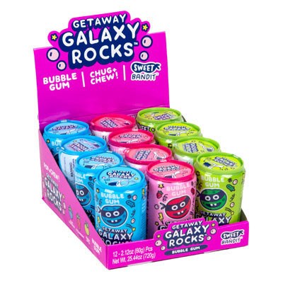 CANDY GETAWAY GALAXY ROCKS BUBBLE GUM 3 ASST 2.12 OZ 12 PC COUNTER DISPLAY
