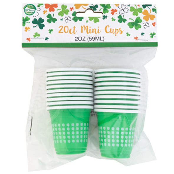 CUPS MINI 20PK 2OZ GREEN W/SHAMROCK PRINT WHITE INTERIOR ST PAT OPP/HDR CUPS MINI 20PK 2OZ GREEN W/SHAMROCK PRINT WHITE INTERIOR ST PAT OPP/HDR
