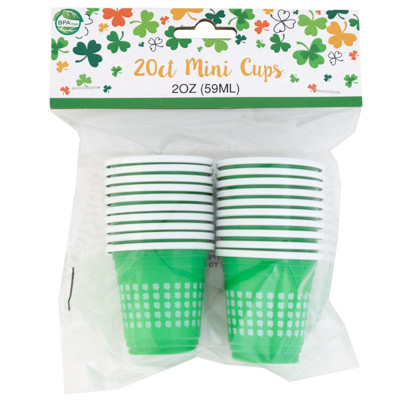 CUPS MINI 20PK 2OZ GREEN W/SHAMROCK PRINT WHITE INTERIOR ST PAT OPP/HDR