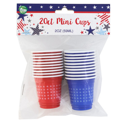 CUPS MINI 20PK 2OZ RED/BLUE W/WHITE STAR PRINT WHITR INTERIOR PAT OPP/HDR