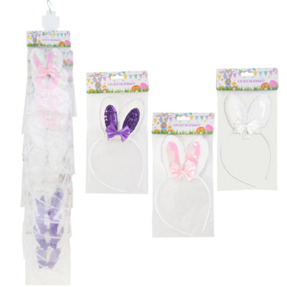 BUNNY EAR HEADBAND W/SEQUIN CENTER & MINI SATIN BOW 3AST PBH/12PC MDSGSTRIP