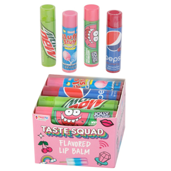 LIP BALMS 4 ASSORTED FLAVORS IN COUNTER DISPLAY - PEPSI, FLUFFY STUFF, MOUNTAIN DEW, JOLLY RANCHER