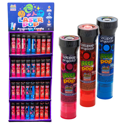 LASER POP PROJECTOR CANDY 3 ASST BLUE RASP, STRAWBERRY, CHERRY FLOOR DISPLAY