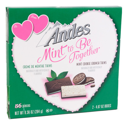 ANDES MINT TO BE TOGETHER VALENTINE GIFT BOX 2 ASSORTED 9.34 OZ CREME DE MENTHE THINS/MINT COOKIE CRUNCH THINS