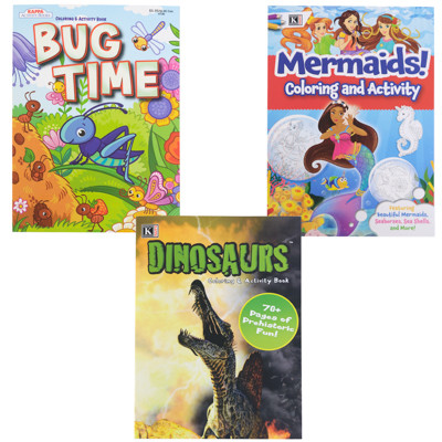 COLORING BOOKS 3 ASST BALLERINAS-MERMAIDS, BUG TIME & DINOSAURS IN 36PC FLOOR DISPLAY
