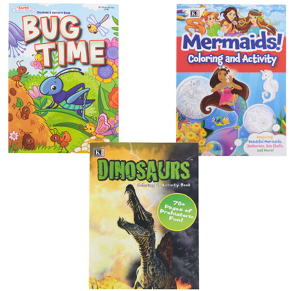3 ASSORTED KIDS COLORING BOOKS IN FLOOR DISPLAY BALLERINAS/MERMAIDS - BUG TIME - DINOSAURS